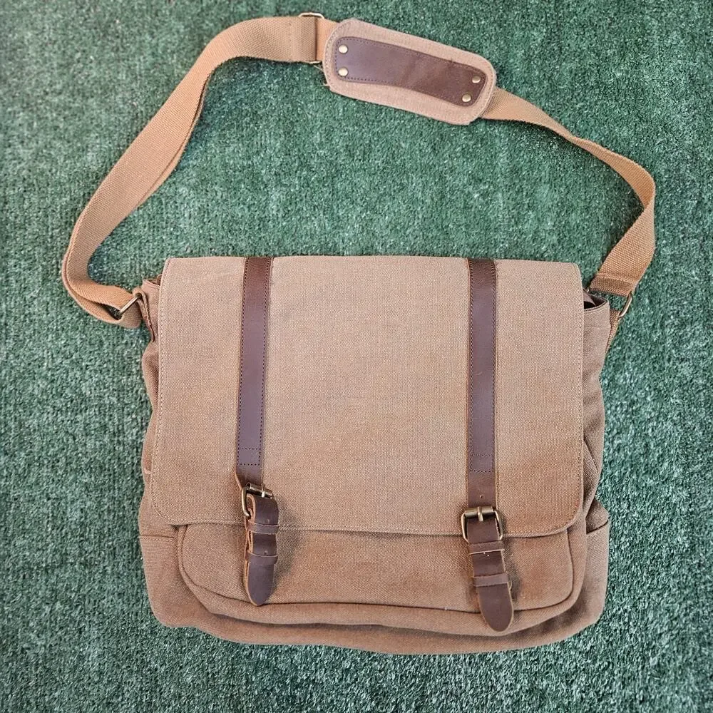 SMRITI Vintage Canvas Messenger Bag for Men 15.6-16 inch Laptop Large, Coffee